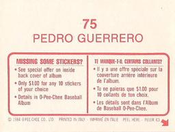 1984 O-Pee-Chee Stickers #75 Pedro Guerrero Back