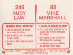 1984 O-Pee-Chee Stickers #85 / 245 Mike Marshall / Rudy Law Back