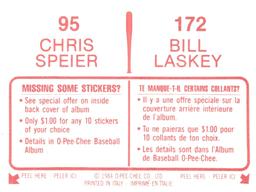 1984 O-Pee-Chee Stickers #95 / 172 Chris Speier / Bill Laskey Back