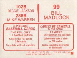 1984 O-Pee-Chee Stickers #99/102B/288B Bill Madlock / Reggie Jackson / Mike Warren Back
