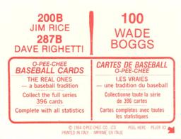 1984 O-Pee-Chee Stickers #100/200B/287B Wade Boggs / Jim Rice / Dave Righetti Back