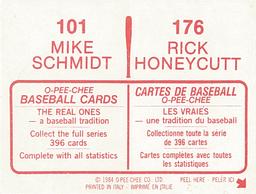 1984 O-Pee-Chee Stickers #101 / 176 Mike Schmidt / Rick Honeycutt Back