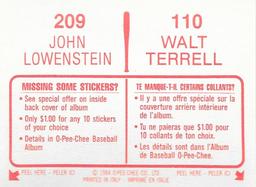 1984 O-Pee-Chee Stickers #110 / 209 Walt Terrell / John Lowenstein Back