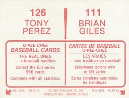 1984 O-Pee-Chee Stickers #111 / 126 Brian Giles / Tony Perez Back
