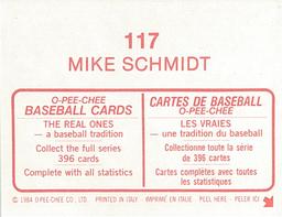 1984 O-Pee-Chee Stickers #117 Mike Schmidt Back