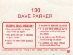 1984 O-Pee-Chee Stickers #130 Dave Parker Back