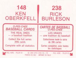 1984 O-Pee-Chee Stickers #148 / 238 Ken Oberkfell / Rick Burleson Back