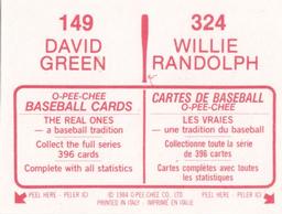 1984 O-Pee-Chee Stickers #149 / 324 David Green / Willie Randolph Back