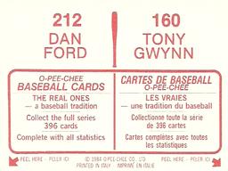 1984 O-Pee-Chee Stickers #160 / 212 Tony Gwynn / Dan Ford Back
