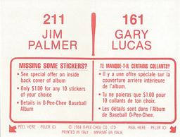 1984 O-Pee-Chee Stickers #161 / 211 Gary Lucas / Jim Palmer Back