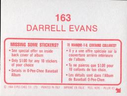 1984 O-Pee-Chee Stickers #163 Darrell Evans Back