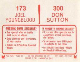 1984 O-Pee-Chee Stickers #173 / 300 Joel Youngblood / Don Sutton Back