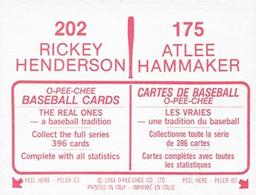 1984 O-Pee-Chee Stickers #175 / 202 Atlee Hammaker / Rickey Henderson Back