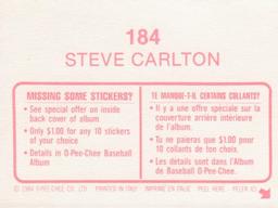 1984 O-Pee-Chee Stickers #184 Steve Carlton Back