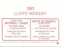 1984 O-Pee-Chee Stickers #191 Lloyd Moseby Back