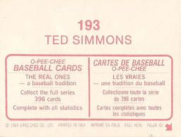 1984 O-Pee-Chee Stickers #193 Ted Simmons Back