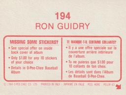 1984 O-Pee-Chee Stickers #194 Ron Guidry Back