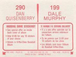1984 O-Pee-Chee Stickers #199 / 290 Dale Murphy / Dan Quisenberry Back
