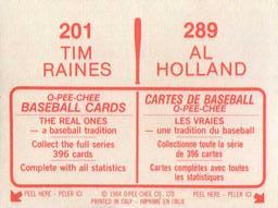 1984 O-Pee-Chee Stickers #201 / 289 Tim Raines / Al Holland Back