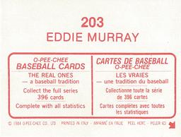 1984 O-Pee-Chee Stickers #203 Eddie Murray Back