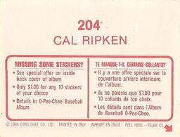 1984 O-Pee-Chee Stickers #204 Cal Ripken Back