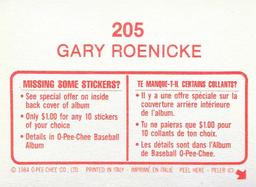 1984 O-Pee-Chee Stickers #205 Gary Roenicke Back