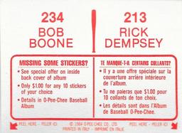 1984 O-Pee-Chee Stickers #213 / 234 Rick Dempsey / Bob Boone Back