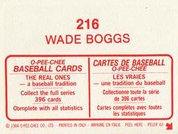 1984 O-Pee-Chee Stickers #216 Wade Boggs Back