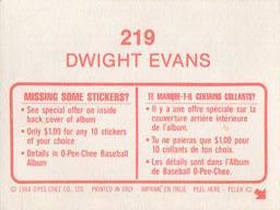 1984 O-Pee-Chee Stickers #219 Dwight Evans Back