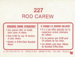 1984 O-Pee-Chee Stickers #227 Rod Carew Back