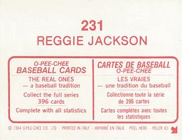 1984 O-Pee-Chee Stickers #231 Reggie Jackson Back
