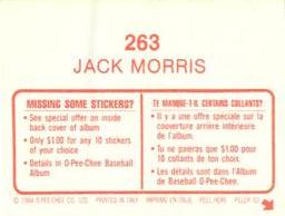 1984 O-Pee-Chee Stickers #263 Jack Morris Back
