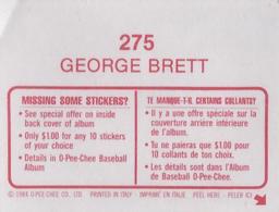 1984 O-Pee-Chee Stickers #275 George Brett Back