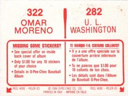 1984 O-Pee-Chee Stickers #282 / 322 U.L. Washington / Omar Moreno Back