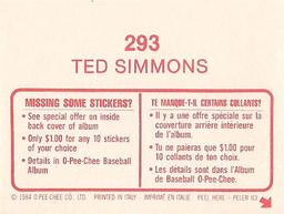 1984 O-Pee-Chee Stickers #293 Ted Simmons Back
