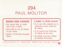 1984 O-Pee-Chee Stickers #294 Paul Molitor Back