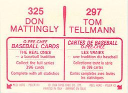 1984 O-Pee-Chee Stickers #297 / 325 Tom Tellmann / Don Mattingly Back