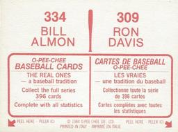 1984 O-Pee-Chee Stickers #309 / 334 Ron Davis / Bill Almon Back