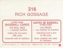 1984 O-Pee-Chee Stickers #316 Rich Gossage Back