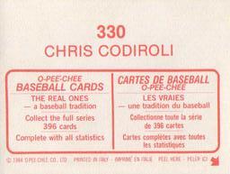 1984 O-Pee-Chee Stickers #330 Chris Codiroli Back