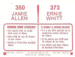 1984 O-Pee-Chee Stickers #350 / 373 Jamie Allen / Ernie Whitt Back