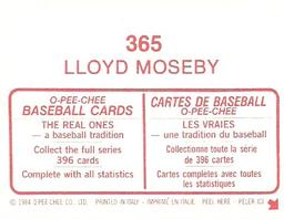 1984 O-Pee-Chee Stickers #365 Lloyd Moseby Back