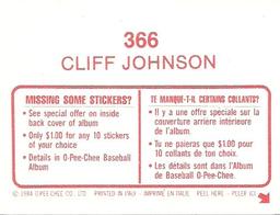1984 O-Pee-Chee Stickers #366 Cliff Johnson Back