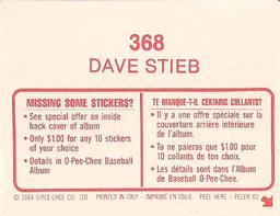 1984 O-Pee-Chee Stickers #368 Dave Stieb Back