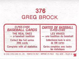 1984 O-Pee-Chee Stickers #376 Greg Brock Back