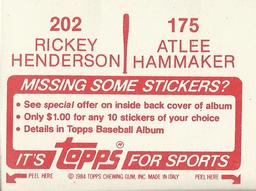 1984 Topps Stickers #175 / 202 Atlee Hammaker / Rickey Henderson Back