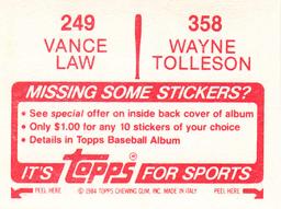 1984 Topps Stickers #249 / 358 Wayne Tolleson / Vance Law Back