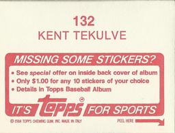 1984 Topps Stickers #132 Kent Tekulve Back