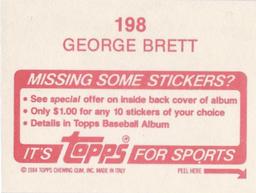 1984 Topps Stickers #198 George Brett Back