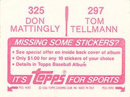 1984 Topps Stickers #297 / 325 Tom Tellmann / Don Mattingly Back